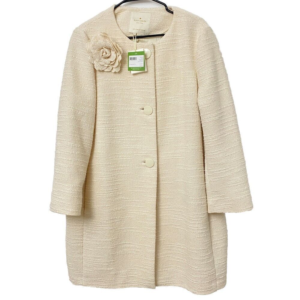 New Kate Spade Tweed Corsage Coat Rambling Rose Sand Dune Ivory Size 14